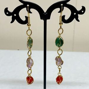 Vintage Natural Stones Drop Dangle Earrings 3” Carnelian Amethyst Jade